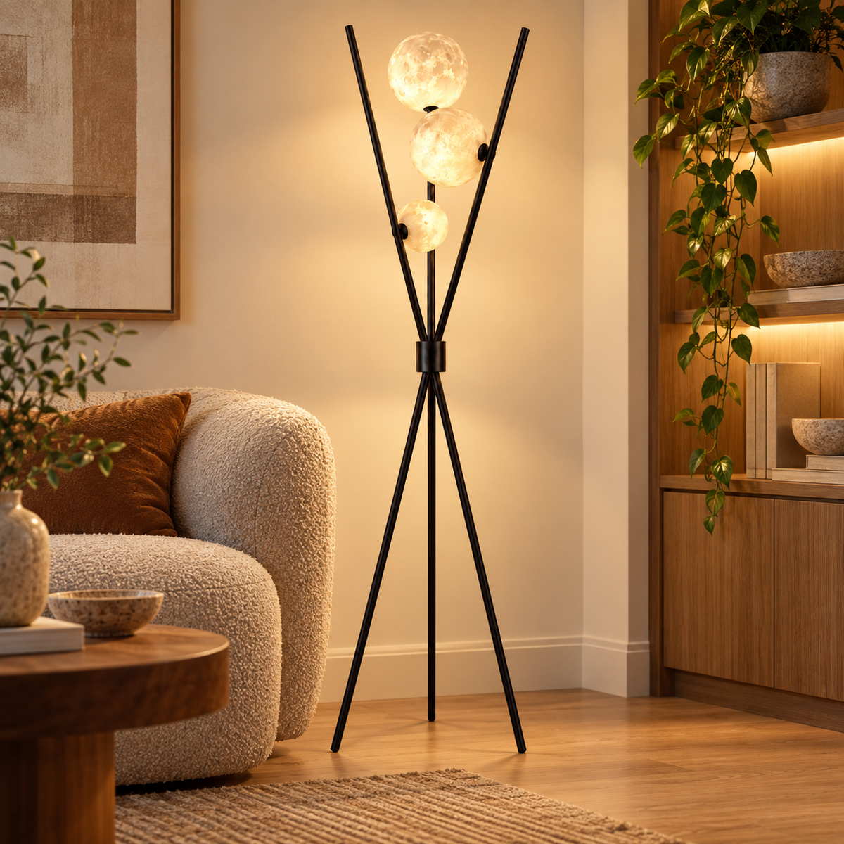 🌕 Floor | Glass Tripod Living Couples | Three Moon Glow